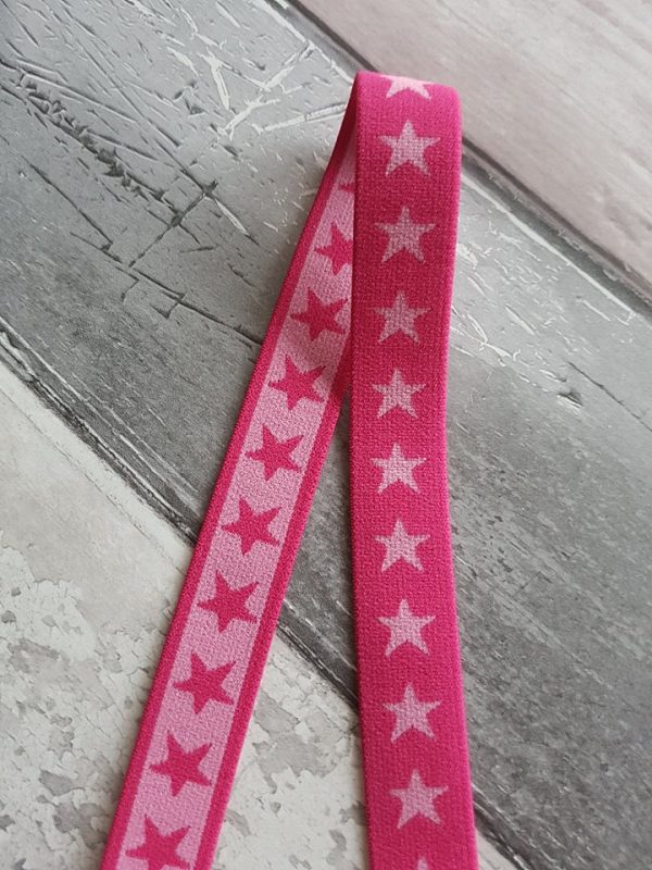 Elastik 2 cm. - pink med rosa stjerner - 2,4 meter